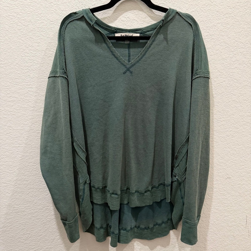 Three Bird Nest Waffle Knit Thermal Top Green V-Neck Oversized Raw Seam Boho M